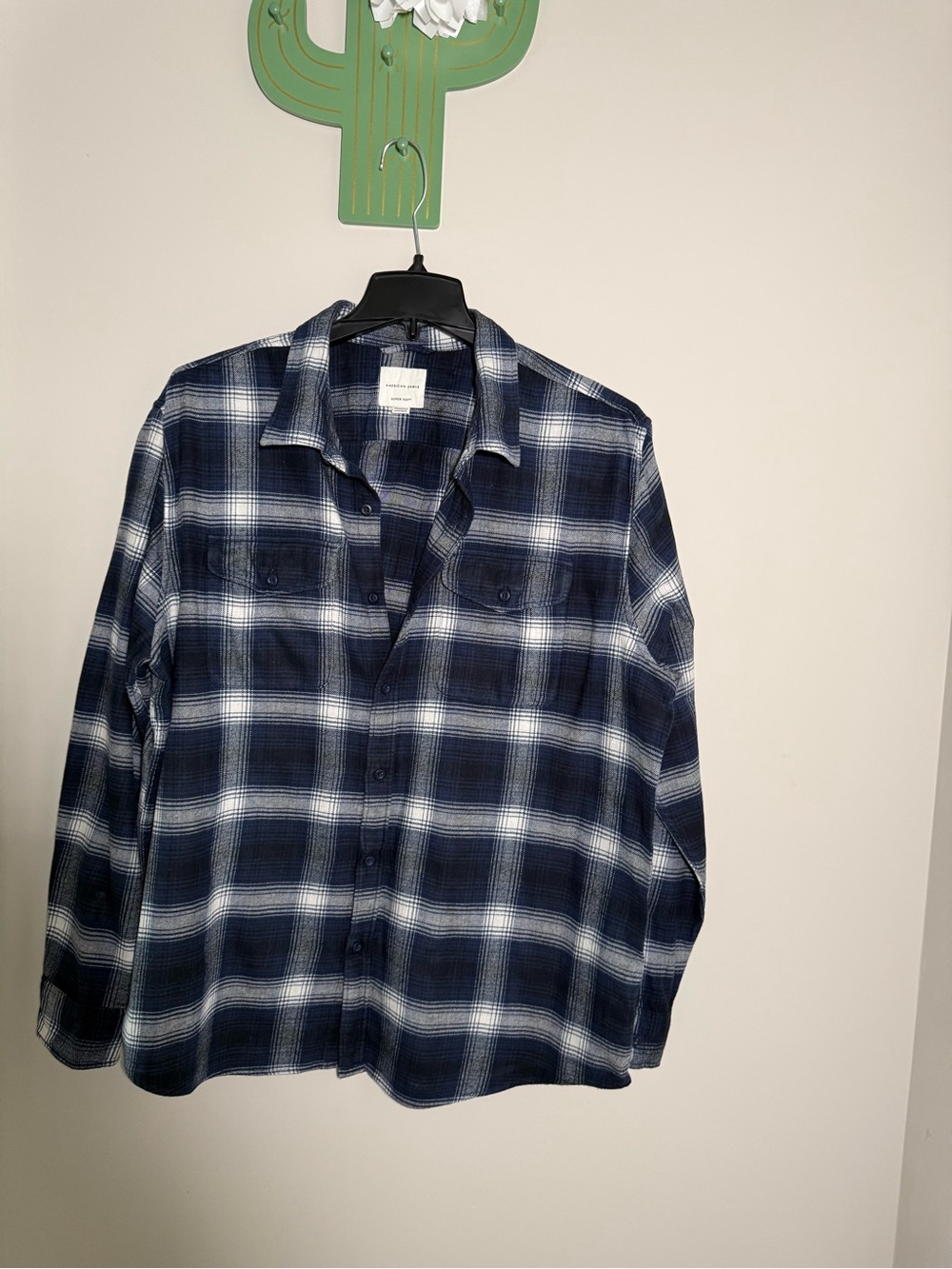 American Eagle Navy and White Plaid Button-Up Shirt